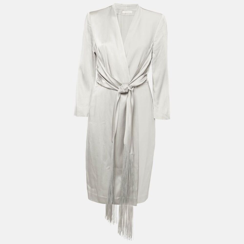 Max Mara Grey Satin Draped Wrap Midi Dress L